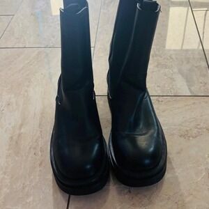Black Leather Chelsea Boots Chunky Lug Sole Platform Mid Calf Women Shoes